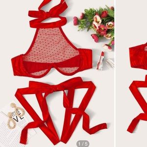 Polka Dot Mesh Underwire Bra & Ribbon Lingerie Set